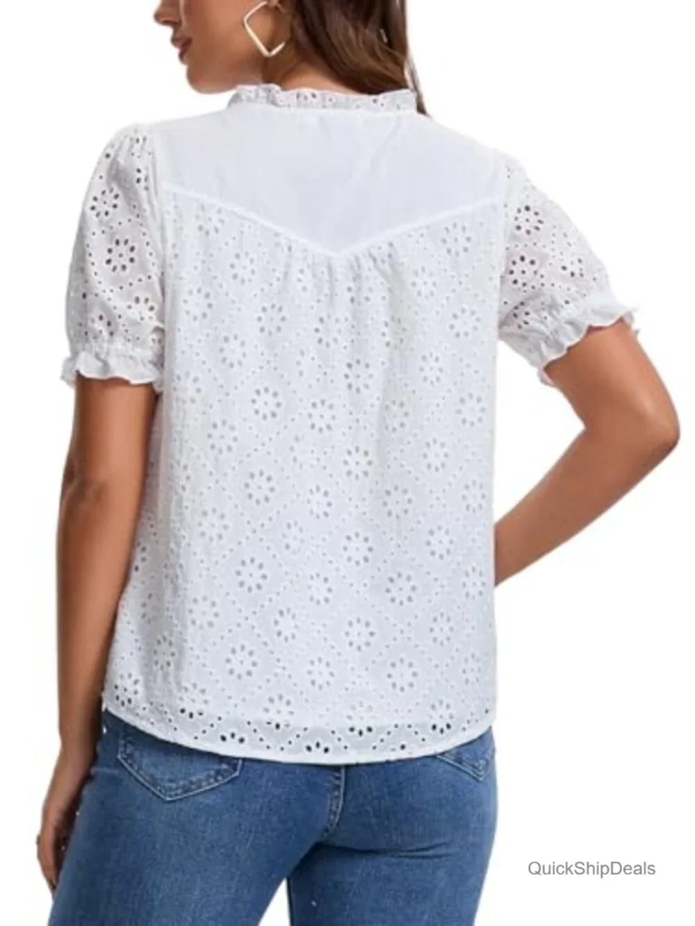 Eyelet Lace Embroidered Short Puff Sleeve Blouse Dressy Casual Summer Top